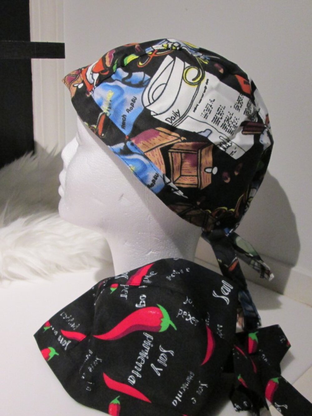 2 COOl chef hats chiles and other Flare adjustable ties